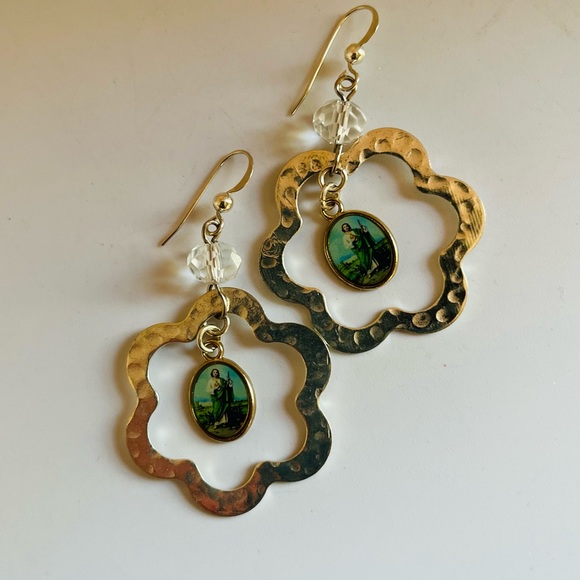 SOLD St. Jude Hammered Silver Dangle Earrings - Picture 3 of 16